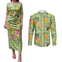 Aloha Hawaii Palaka Print Mango Plumeria Couples Matching Puletasi and Long Sleeve Button Shirt Cool Mint