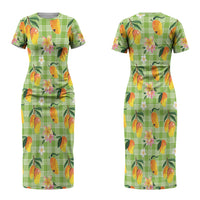 Aloha Hawaii Palaka Print Mango Plumeria Couples Matching Short Sleeve Bodycon Dress and Long Sleeve Button Shirt Cool Mint