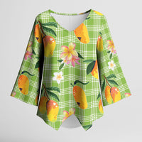 Aloha Hawaii Palaka Print Mango Plumeria Kimono Sleeve Blouse Cool Mint