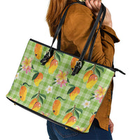 Aloha Hawaii Palaka Print Mango Plumeria Leather Tote Bag Cool Mint
