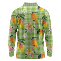 Aloha Hawaii Palaka Print Mango Plumeria Long Sleeve Polo Shirt Cool Mint