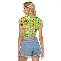 Aloha Hawaii Palaka Print Mango Plumeria Raglan Cropped T Shirt Cool Mint