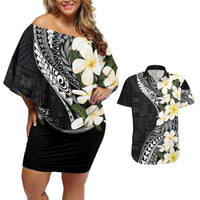 Aloha Hawaii Festive Couples Matching Off Shoulder Short Dress and Hawaiian Shirt Frangipani Lace Classic