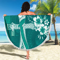 Kia Orana Cook Islands Tapa Floral With Cross Beach Blanket Deep Teal LT7 - Polynesian Pride