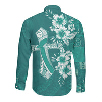 Kia Orana Cook Islands Tapa Floral With Cross Long Sleeve Button Shirt Deep Teal LT7 - Polynesian Pride