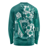 Kia Orana Cook Islands Tapa Floral With Cross Long Sleeve Shirt Deep Teal LT7 - Polynesian Pride
