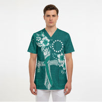 Kia Orana Cook Islands Tapa Floral With Cross Scrub Top Deep Teal LT7 - Polynesian Pride