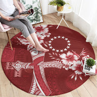 Kia Orana Cook Islands Tapa Floral With Cross Round Carpet Crimson Red LT7 - Polynesian Pride