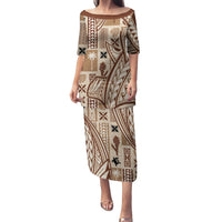 Samoa Tapa Family Matching Puletasi Dress and Hawaiian Shirt Siapo Mix Tatau Patterns LT7 Mom's Dress Beige - Polynesian Pride
