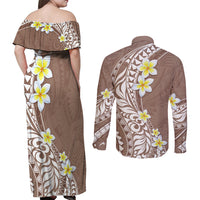 Hawaii Aloha Couples Matching Off Shoulder Maxi Dress and Long Sleeve Button Shirt Plumeria Vintage - Brown LT7 - Polynesian Pride