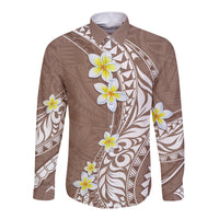 Hawaii Aloha Long Sleeve Button Shirt Plumeria Vintage - Brown LT7 Unisex Brown - Polynesian Pride