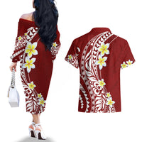 Hawaii Aloha Couples Matching Off The Shoulder Long Sleeve Dress and Hawaiian Shirt Plumeria Vintage - Crimson LT7 - Polynesian Pride