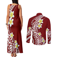 Hawaii Aloha Couples Matching Tank Maxi Dress and Long Sleeve Button Shirt Plumeria Vintage - Crimson LT7 - Polynesian Pride