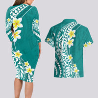 Hawaii Aloha Couples Matching Long Sleeve Bodycon Dress and Hawaiian Shirt Plumeria Vintage - Teal LT7 - Polynesian Pride