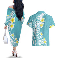 Hawaii Aloha Couples Matching Off The Shoulder Long Sleeve Dress and Hawaiian Shirt Plumeria Vintage - Turquoise LT7 - Polynesian Pride
