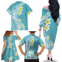 Hawaii Aloha Family Matching Off Shoulder Long Sleeve Dress and Hawaiian Shirt Plumeria Vintage - Turquoise LT7 - Polynesian Pride