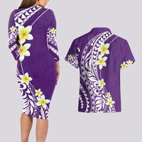 Hawaii Aloha Couples Matching Long Sleeve Bodycon Dress and Hawaiian Shirt Plumeria Vintage - Violet LT7 - Polynesian Pride