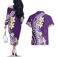 Hawaii Aloha Couples Matching Off The Shoulder Long Sleeve Dress and Hawaiian Shirt Plumeria Vintage - Violet LT7 - Polynesian Pride