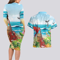 Aloha Honolulu Festival Couples Matching Long Sleeve Bodycon Dress and Hawaiian Shirt Ukulele By The Shore
