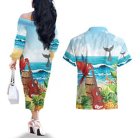 Aloha Honolulu Festival Couples Matching Off The Shoulder Long Sleeve Dress and Hawaiian Shirt Ukulele By The Shore