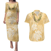 Aloha Honolulu Festival Couples Matching Puletasi and Hawaiian Shirt Hawaii Kapa Mix Flowers Lei