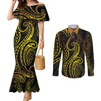 Polynesia Plumeria Lei Couples Matching Mermaid Dress and Long Sleeve Button Shirt Black Gold Curves Motif LT7 Gold - Polynesian Pride