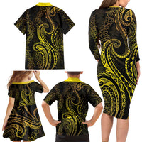 Polynesia Plumeria Lei Family Matching Long Sleeve Bodycon Dress and Hawaiian Shirt Black Gold Curves Motif