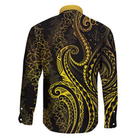 Polynesia Plumeria Lei Family Matching Mermaid Dress and Hawaiian Shirt Black Gold Curves Motif