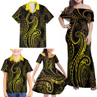 Polynesia Plumeria Lei Family Matching Off Shoulder Maxi Dress and Hawaiian Shirt Black Gold Curves Motif