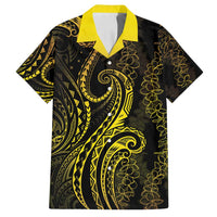 Polynesia Plumeria Lei Family Matching Off Shoulder Short Dress and Hawaiian Shirt Black Gold Curves Motif