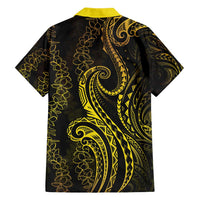 Polynesia Plumeria Lei Family Matching Short Sleeve Bodycon Dress and Hawaiian Shirt Black Gold Curves Motif