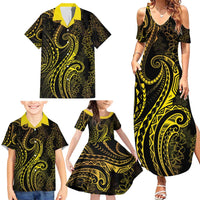 Polynesia Plumeria Lei Family Matching Summer Maxi Dress and Hawaiian Shirt Black Gold Curves Motif