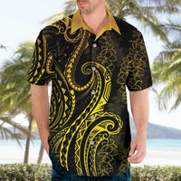 Polynesia Plumeria Lei Hawaiian Shirt Black Gold Curves Motif