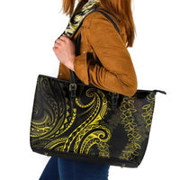 Polynesia Plumeria Lei Leather Tote Bag Black Gold Curves Motif LT7 Gold - Polynesian Pride