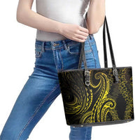 Polynesia Plumeria Lei Leather Tote Bag Black Gold Curves Motif LT7 - Polynesian Pride