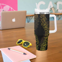 Polynesia Plumeria Lei Tumbler With Handle Black Gold Curves Motif LT7 - Polynesian Pride