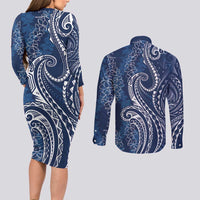 Polynesia Plumeria Lei Couples Matching Long Sleeve Bodycon Dress and Long Sleeve Button Shirt Navy Blue Curves Motif LT7 - Polynesian Pride
