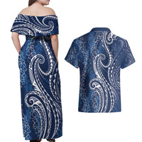 Polynesia Plumeria Lei Couples Matching Off Shoulder Maxi Dress and Hawaiian Shirt Navy Blue Curves Motif