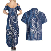 Polynesia Plumeria Lei Couples Matching Summer Maxi Dress and Hawaiian Shirt Navy Blue Curves Motif