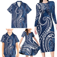 Polynesia Plumeria Lei Family Matching Long Sleeve Bodycon Dress and Hawaiian Shirt Navy Blue Curves Motif
