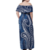 Polynesia Plumeria Lei Family Matching Off Shoulder Maxi Dress and Hawaiian Shirt Navy Blue Curves Motif