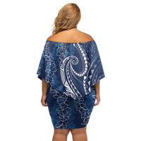 Polynesia Plumeria Lei Family Matching Off Shoulder Short Dress and Hawaiian Shirt Navy Blue Curves Motif