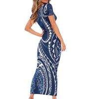 Polynesia Plumeria Lei Family Matching Short Sleeve Bodycon Dress and Hawaiian Shirt Navy Blue Curves Motif