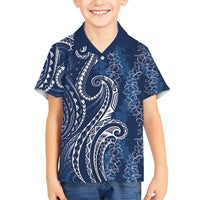 Polynesia Plumeria Lei Family Matching Short Sleeve Bodycon Dress and Hawaiian Shirt Navy Blue Curves Motif