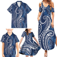 Polynesia Plumeria Lei Family Matching Summer Maxi Dress and Hawaiian Shirt Navy Blue Curves Motif