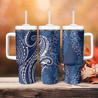 Polynesia Plumeria Lei Tumbler With Handle Navy Blue Curves Motif LT7 - Polynesian Pride