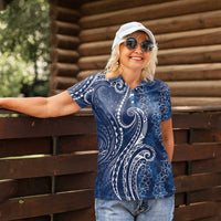 Polynesia Plumeria Lei Women Polo Shirt Navy Blue Curves Motif