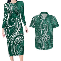 Polynesia Plumeria Lei Couples Matching Long Sleeve Bodycon Dress and Hawaiian Shirt Sage Green Curves Motif