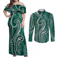 Polynesia Plumeria Lei Couples Matching Off Shoulder Maxi Dress and Long Sleeve Button Shirt Sage Green Curves Motif LT7 Dark Green - Polynesian Pride