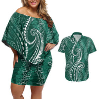 Polynesia Plumeria Lei Couples Matching Off Shoulder Short Dress and Hawaiian Shirt Sage Green Curves Motif LT7 Dark Green - Polynesian Pride
